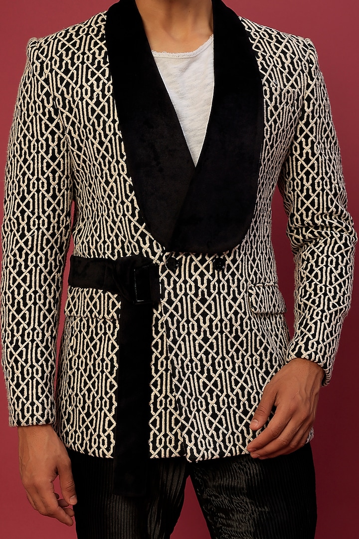 White & Black Printed Blazer Set by Dapper & Dare at Pernia's Pop Up Shop