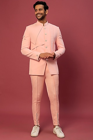 Peach Pleated Bandhgala Set by Dapper & Dare