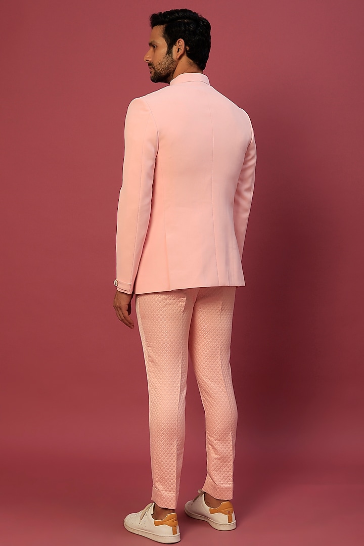 Peach Pleated Wedding Bandhgala Set by Dapper & Dare at Pernia's Pop Up Shop