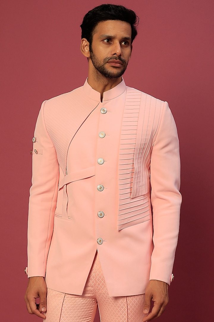 Peach Pleated Wedding Bandhgala Set by Dapper & Dare at Pernia's Pop Up Shop