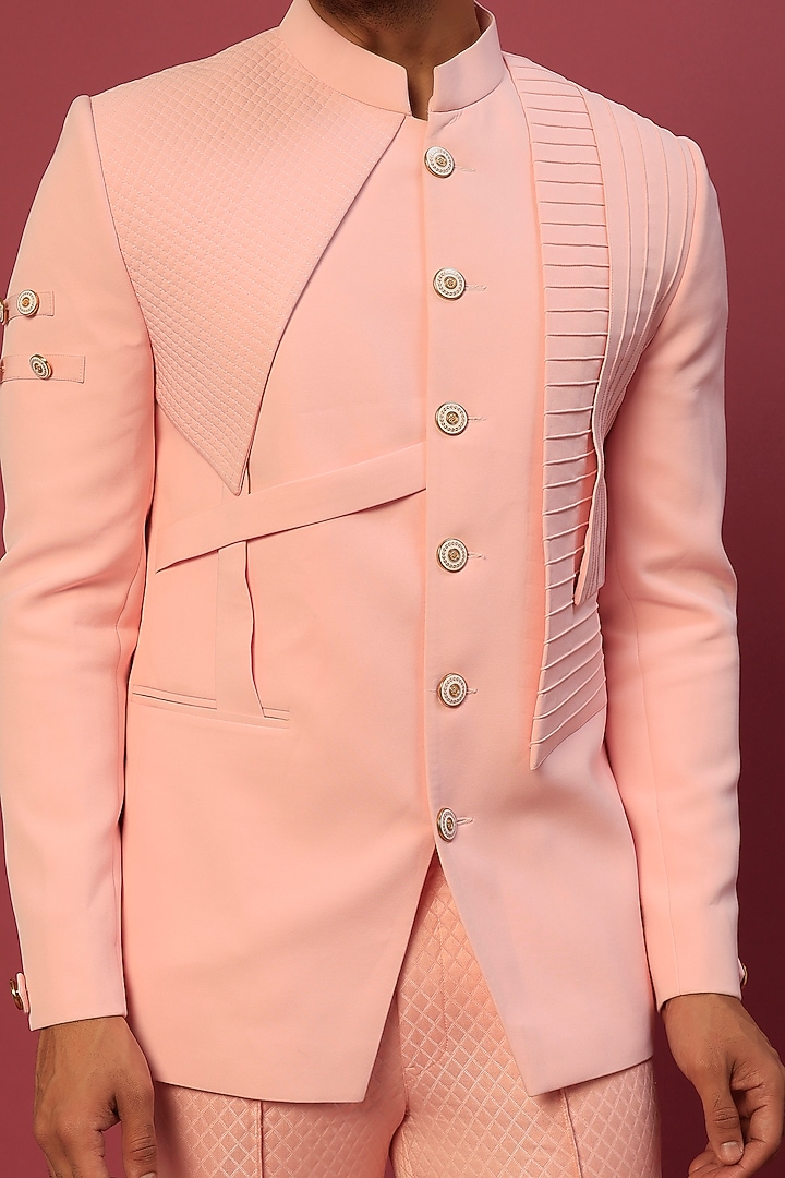 Peach Pleated Wedding Bandhgala Set by Dapper & Dare at Pernia's Pop Up Shop
