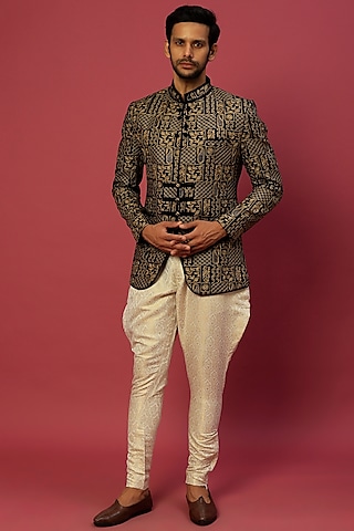 Black Embroidered Bandhgala Set by Dapper & Dare