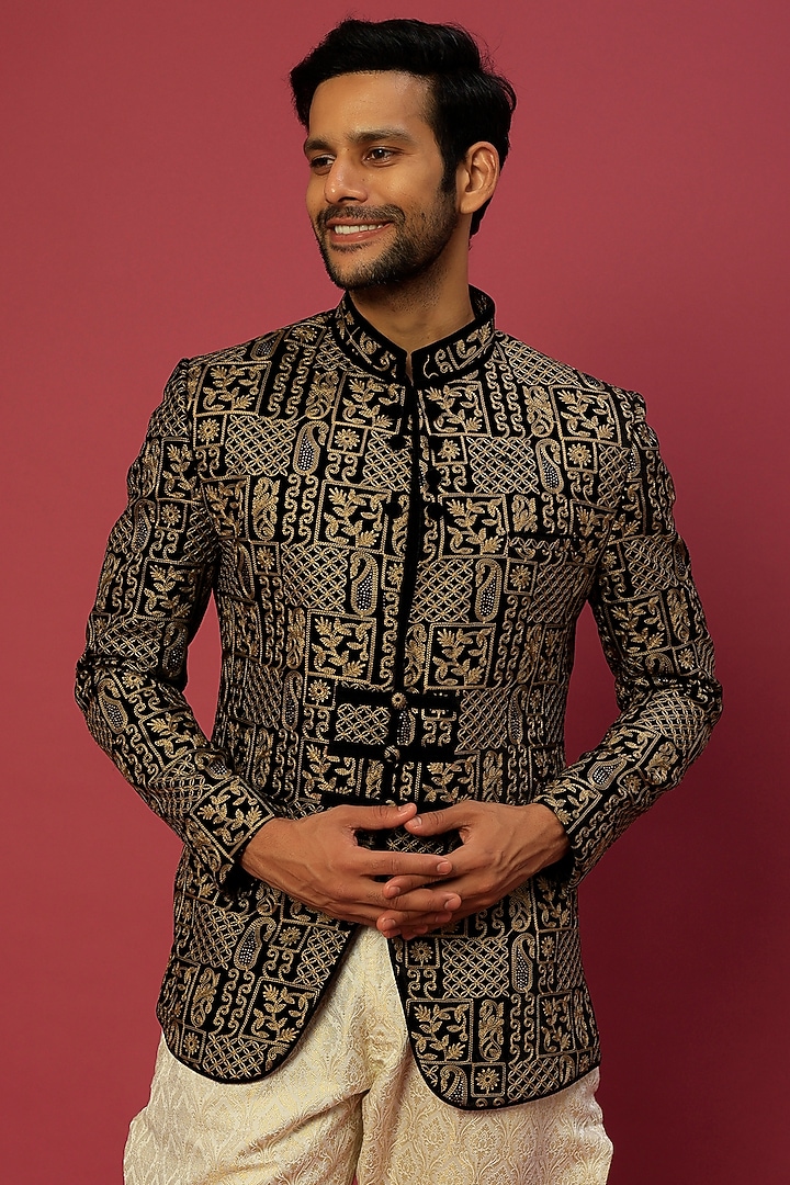 Black Embroidered Wedding Bandhgala Set by Dapper & Dare at Pernia's Pop Up Shop