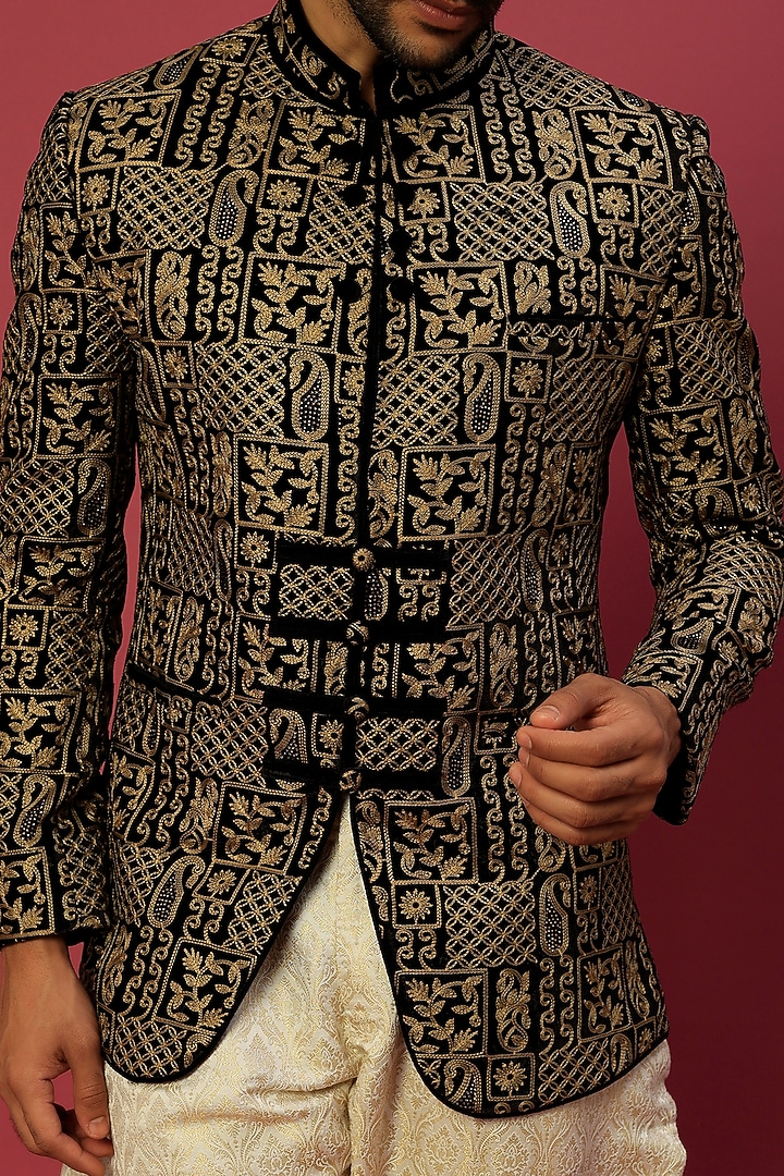 Black Embroidered Wedding Bandhgala Set by Dapper & Dare at Pernia's Pop Up Shop