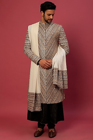 Multi-Colored Georgette Herringbone Embroidered Sherwani Set by Dapper & Dare