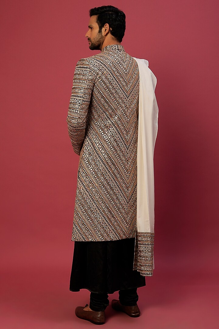 Multi-Colored Georgette Herringbone Embroidered Groom Sherwani Set by Dapper & Dare at Pernia's Pop Up Shop
