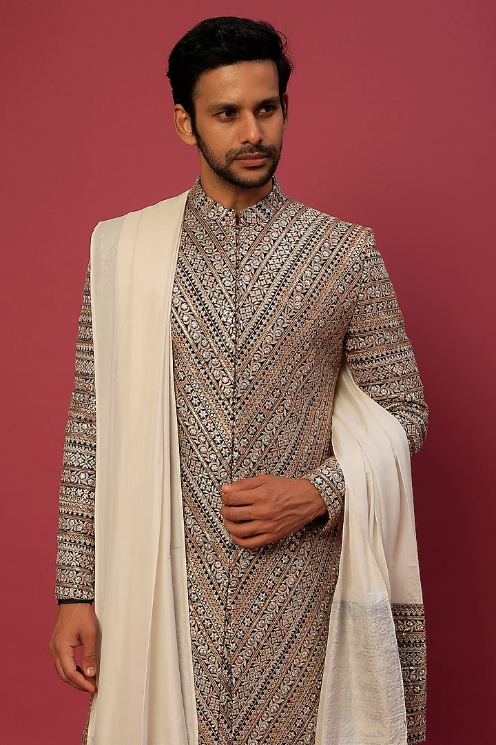 Multi-Colored Georgette Herringbone Embroidered Groom Sherwani Set by Dapper & Dare at Pernia's Pop Up Shop