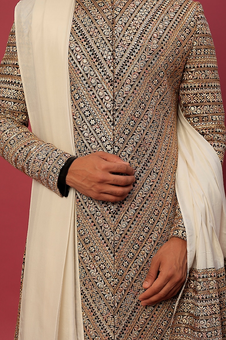 Multi-Colored Georgette Herringbone Embroidered Groom Sherwani Set by Dapper & Dare at Pernia's Pop Up Shop