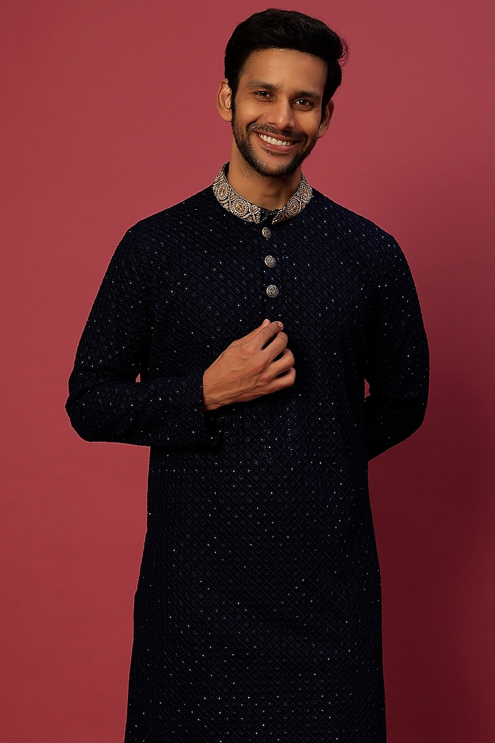 Ocean Blue Embroidered Kurta Set by Dapper & Dare at Pernia's Pop Up Shop