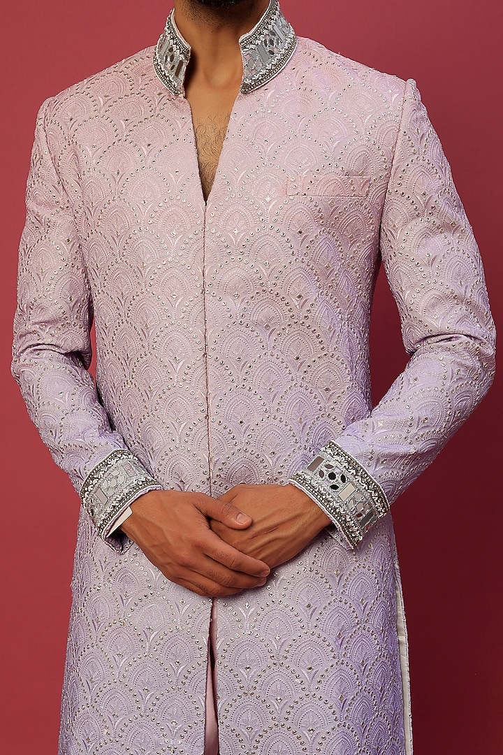 Purple Georgette Motif Embroidered Ombre Wedding Sherwani Set by Dapper & Dare at Pernia's Pop Up Shop