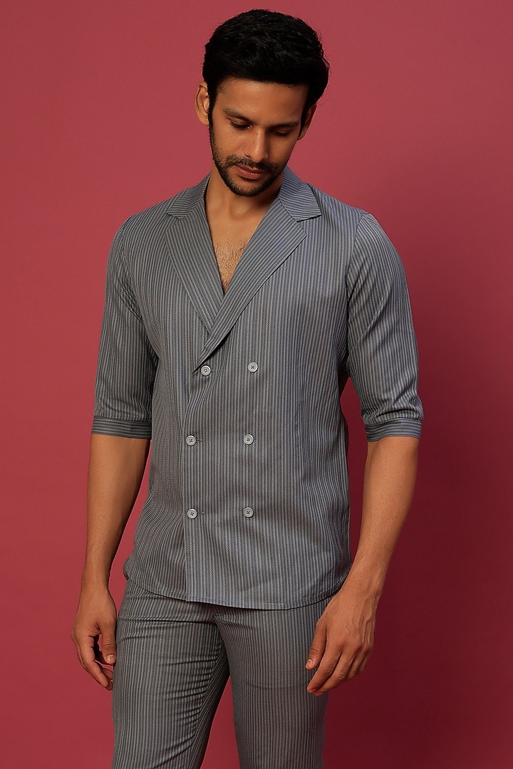 Grey Pin Striped Jacket Set by Dapper & Dare at Pernia's Pop Up Shop