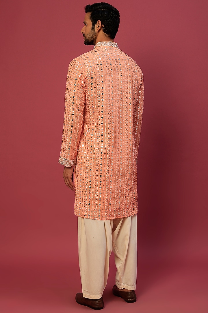Peach Georgette Zardosi & Sequin Embroidered Kurta Set by Dapper & Dare at Pernia's Pop Up Shop