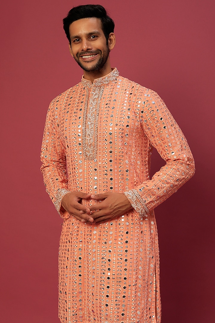 Peach Georgette Zardosi & Sequin Embroidered Kurta Set by Dapper & Dare at Pernia's Pop Up Shop