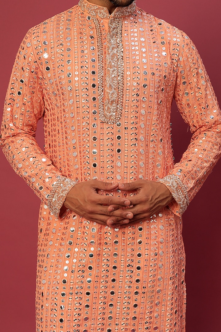 Peach Georgette Zardosi & Sequin Embroidered Kurta Set by Dapper & Dare at Pernia's Pop Up Shop