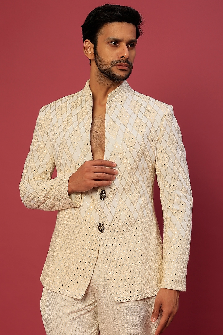 Ivory Lucknowi Jacket Set by Dapper & Dare at Pernia's Pop Up Shop