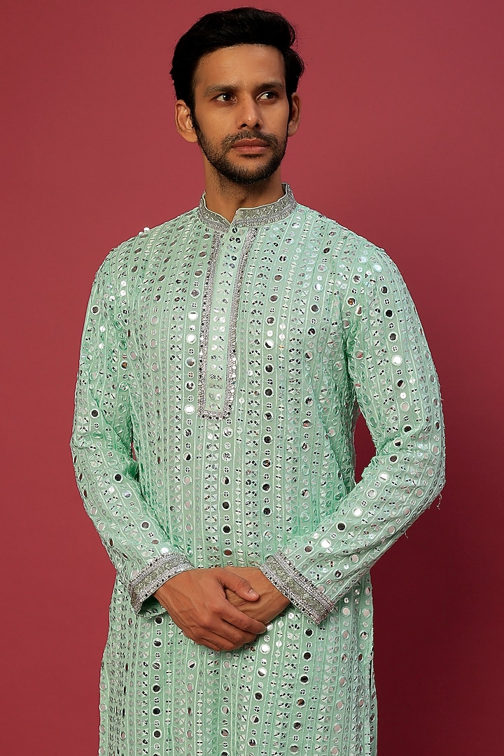 Seafoam Georgette Zardosi & MIrror Embroidered Kurta Set by Dapper & Dare at Pernia's Pop Up Shop