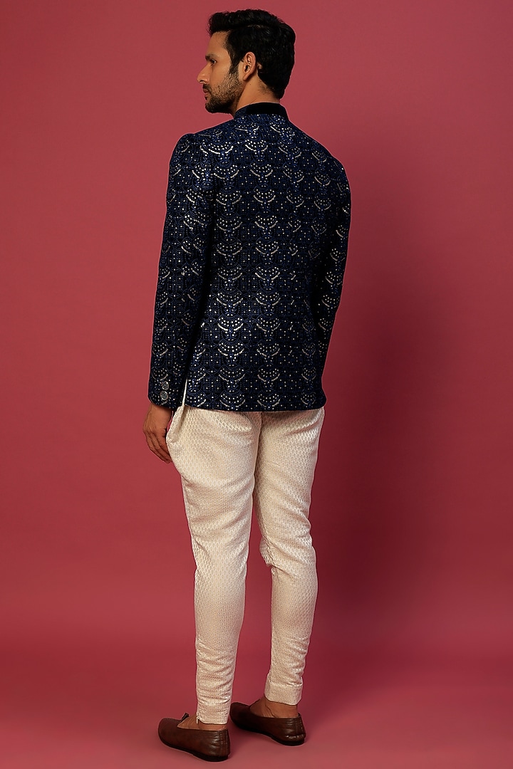 Dark Blue Embroidered Wedding Bandhgala Set by Dapper & Dare at Pernia's Pop Up Shop