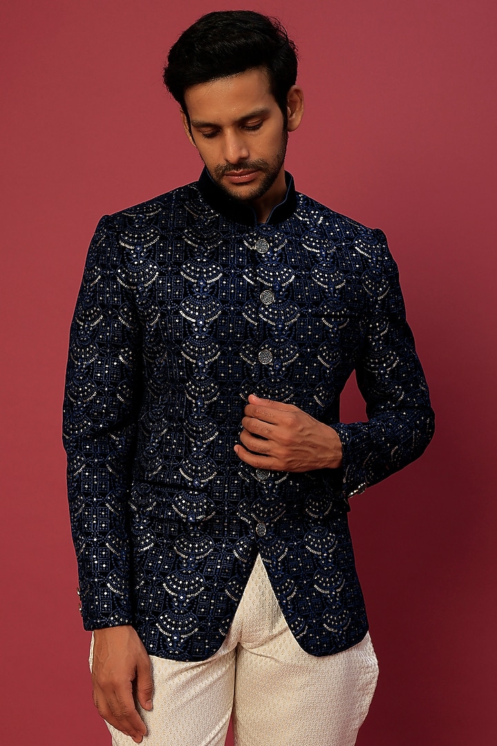 Dark Blue Embroidered Wedding Bandhgala Set by Dapper & Dare at Pernia's Pop Up Shop