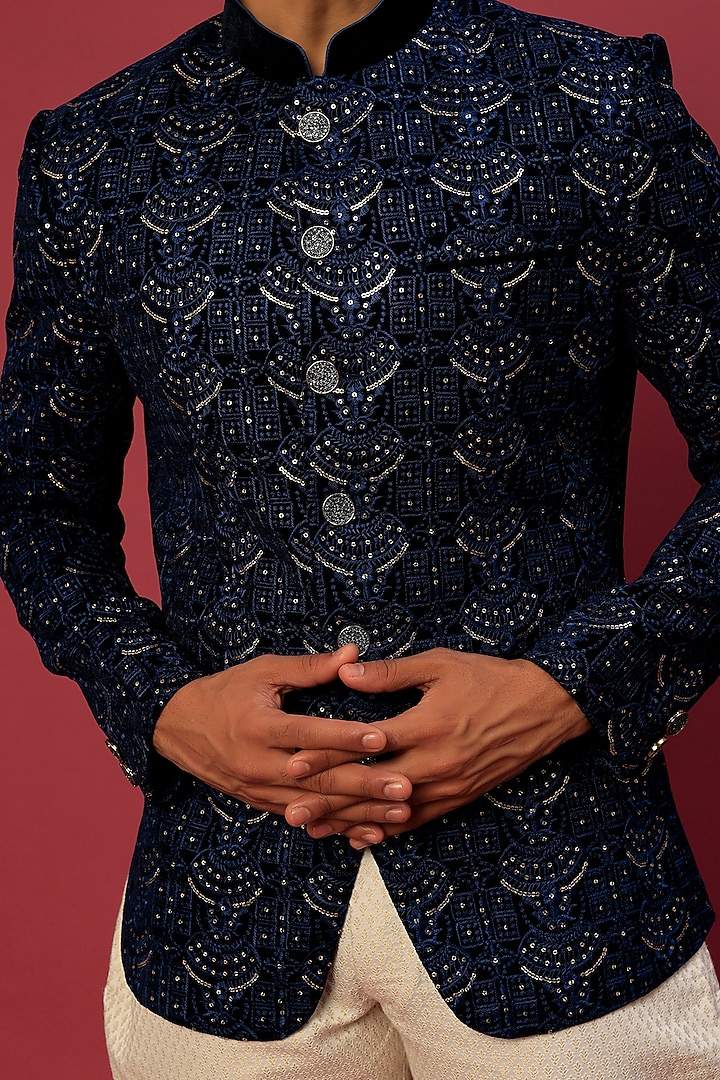 Dark Blue Embroidered Wedding Bandhgala Set by Dapper & Dare at Pernia's Pop Up Shop