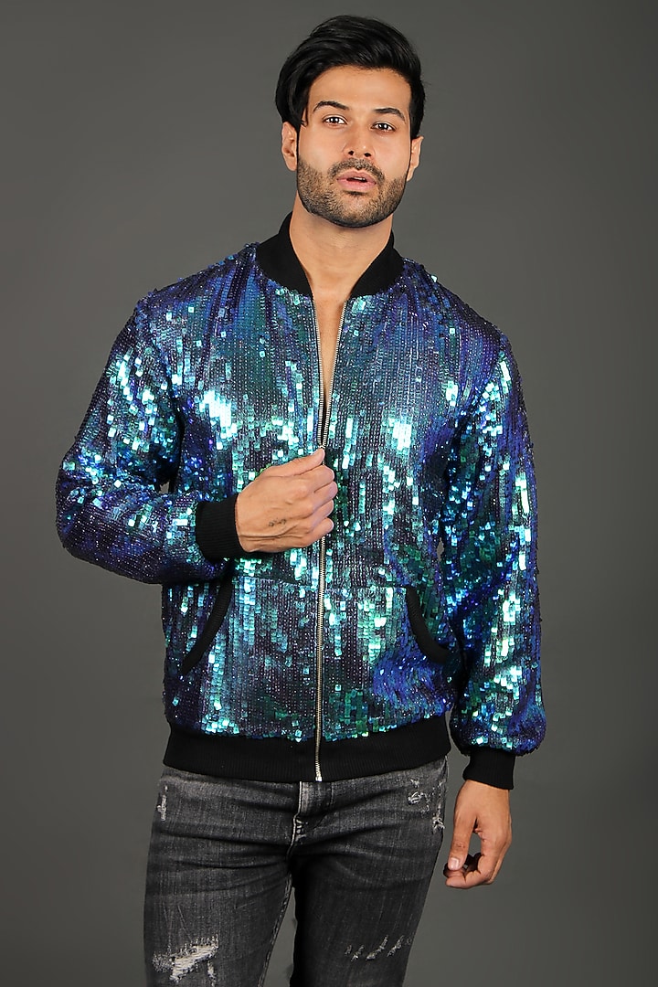 Sea Blue Georgette Bomber Jacket by Dapper & Dare at Pernia's Pop Up Shop