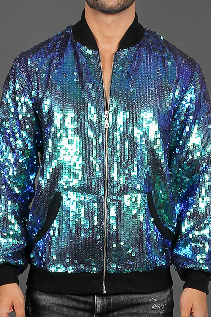 Sea Blue Georgette Bomber Jacket by Dapper & Dare at Pernia's Pop Up Shop