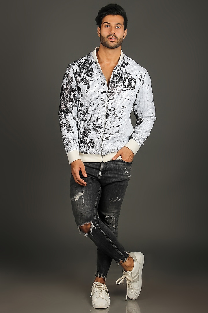 White & Charcoal Grey Satin Bomber Jacket by Dapper & Dare