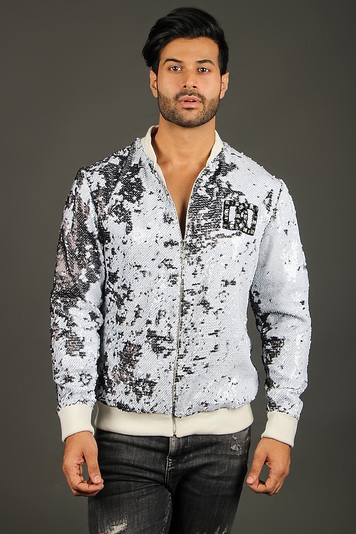 White & Charcoal Grey Satin Bomber Jacket by Dapper & Dare at Pernia's Pop Up Shop