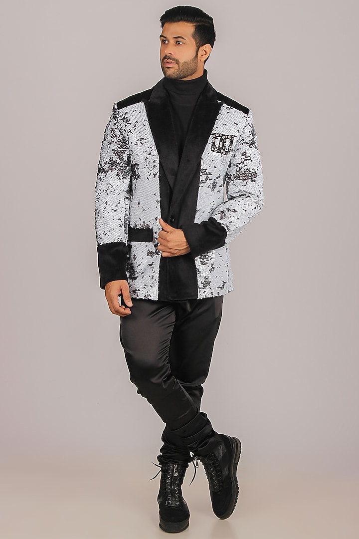 White & Black Satin Indo Western Set by Dapper & Dare at Pernia's Pop Up Shop