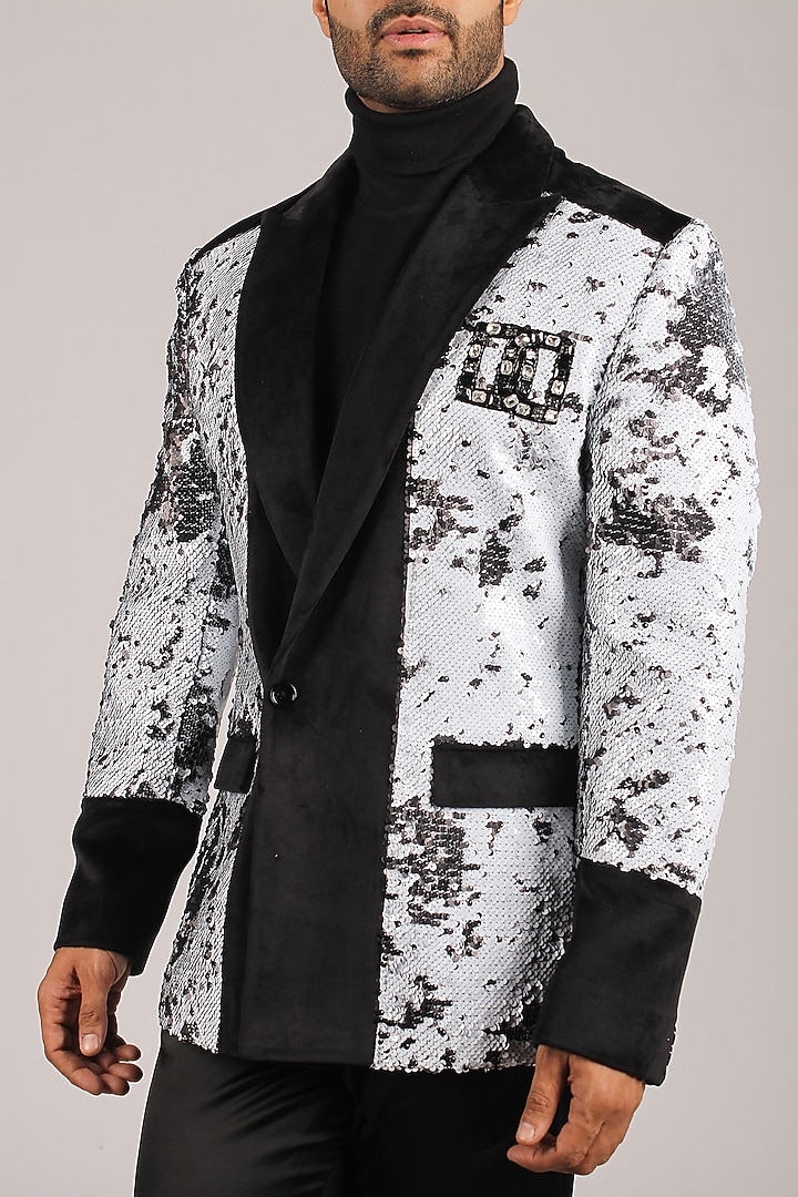 White & Black Satin Indo Western Set by Dapper & Dare at Pernia's Pop Up Shop