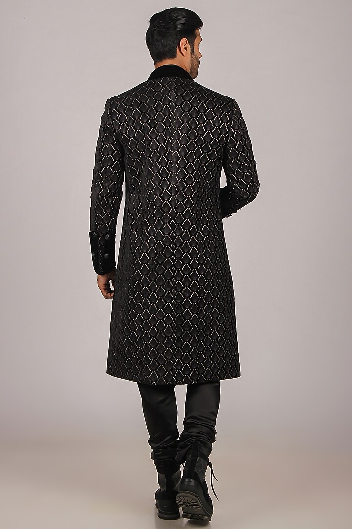Black Velvet Embroidered Wedding Indowestern Set by Dapper & Dare at Pernia's Pop Up Shop