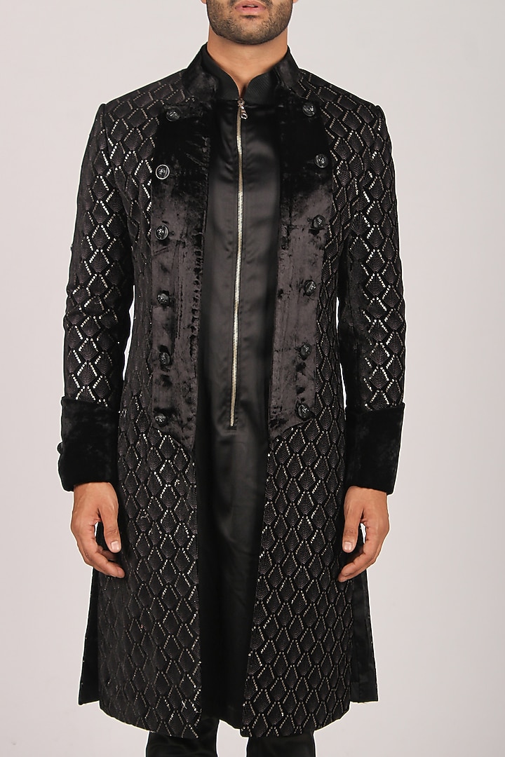 Black Velvet Embroidered Wedding Indowestern Set by Dapper & Dare at Pernia's Pop Up Shop
