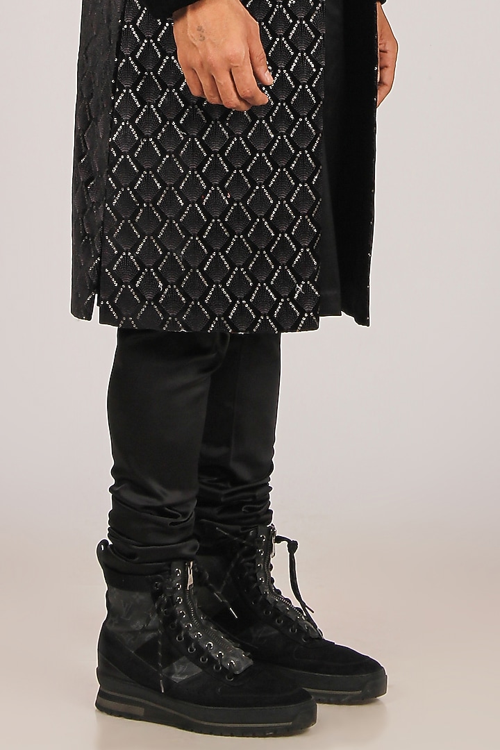 Black Velvet Embroidered Wedding Indowestern Set by Dapper & Dare at Pernia's Pop Up Shop