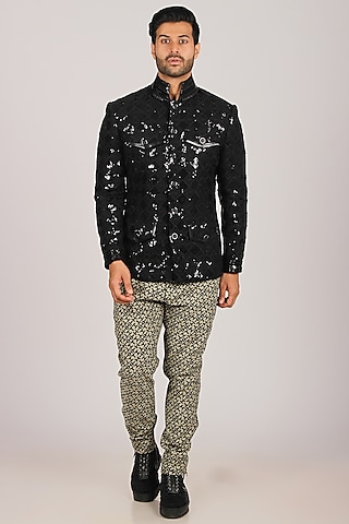Black Sequins Bandhgala Set by Dapper & Dare