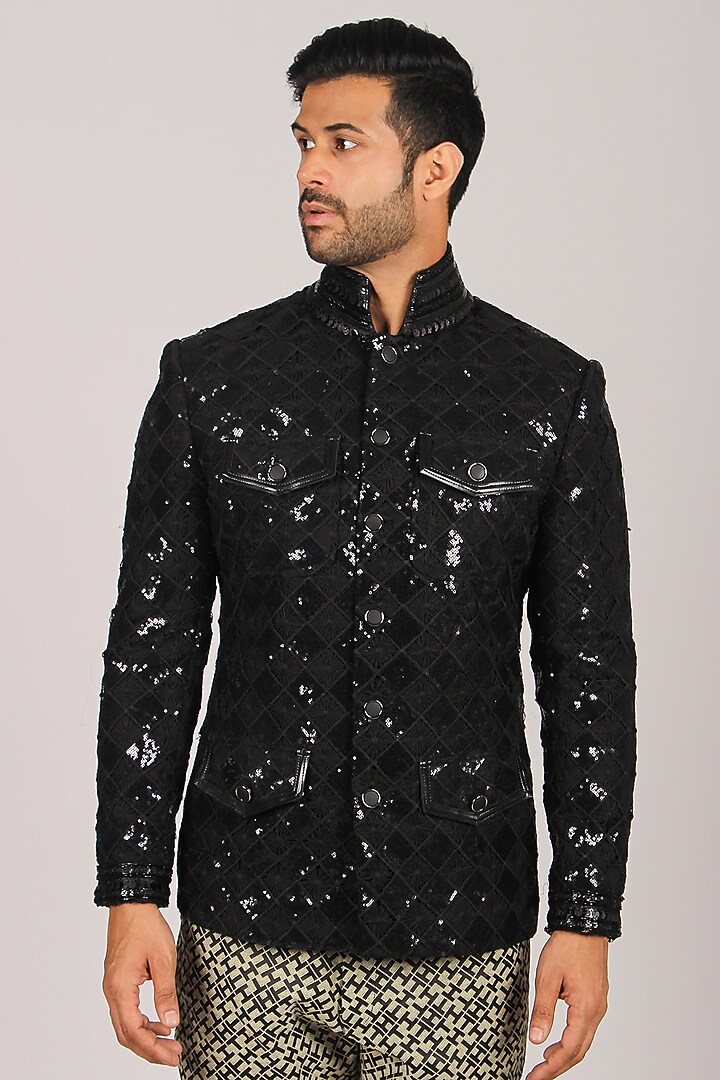 Black Sequins Wedding Bandhgala Set by Dapper & Dare at Pernia's Pop Up Shop