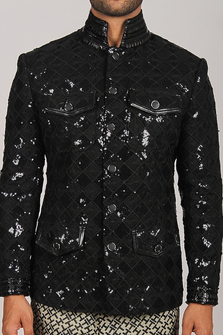 Black Sequins Wedding Bandhgala Set by Dapper & Dare at Pernia's Pop Up Shop