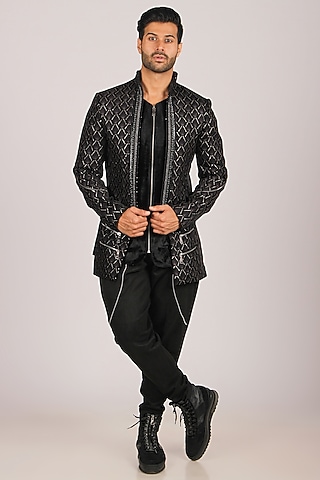 Black Embroidered Indo Western Set by Dapper & Dare