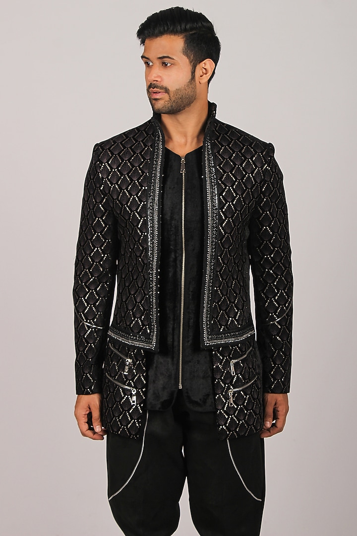Black Embroidered Indo Western Set by Dapper & Dare at Pernia's Pop Up Shop