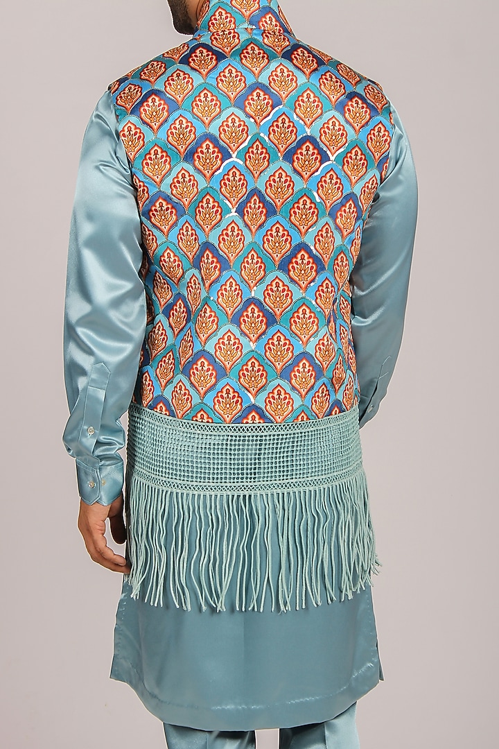 Coral Blue Crochet Fabric & Silk Printed Bundi Jacket Set by Dapper & Dare at Pernia's Pop Up Shop