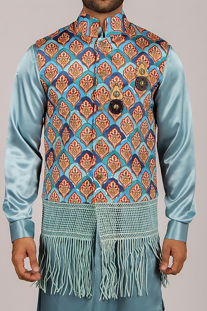 Coral Blue Crochet Fabric & Silk Printed Bundi Jacket Set by Dapper & Dare at Pernia's Pop Up Shop