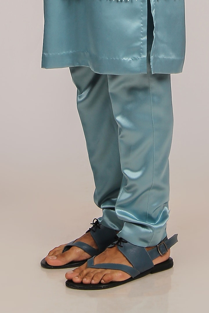 Coral Blue Crochet Fabric & Silk Printed Bundi Jacket Set by Dapper & Dare at Pernia's Pop Up Shop