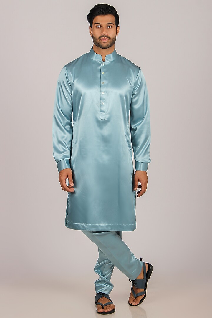 Coral Blue Crochet Fabric & Silk Printed Bundi Jacket Set by Dapper & Dare at Pernia's Pop Up Shop
