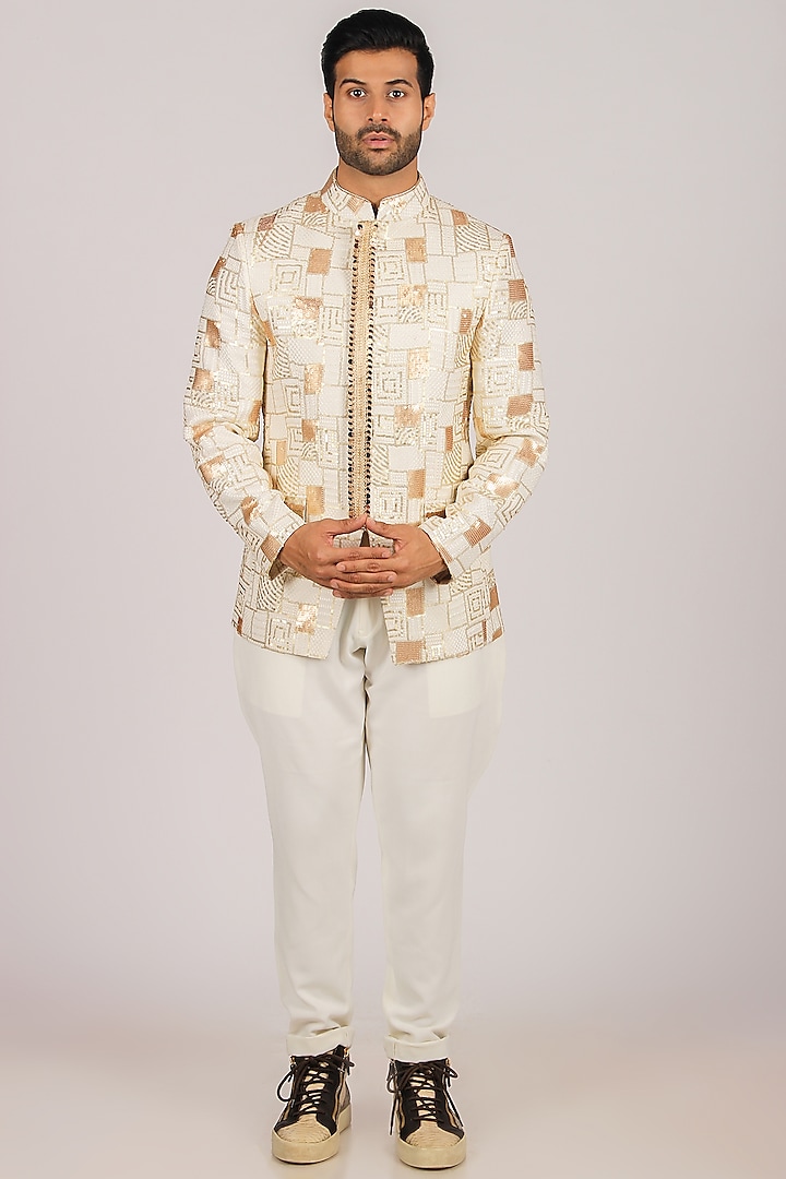 White & Gold Embroidered Bandhgala Set by Dapper & Dare