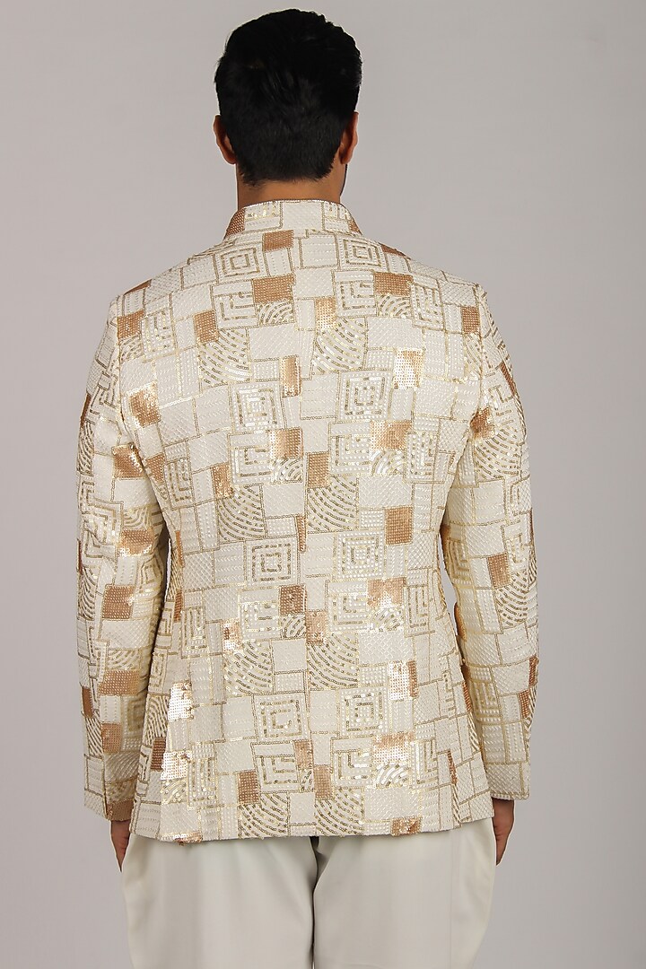 White & Gold Embroidered Wedding Bandhgala Set by Dapper & Dare at Pernia's Pop Up Shop