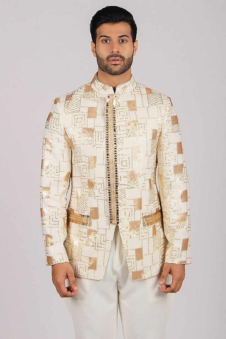 White & Gold Embroidered Wedding Bandhgala Set by Dapper & Dare at Pernia's Pop Up Shop