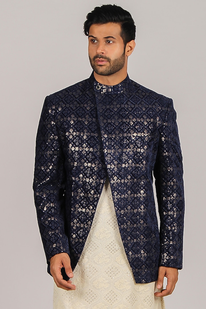 Blue Sequins Georgette Asymmetric Jacket Set by Dapper & Dare at Pernia's Pop Up Shop
