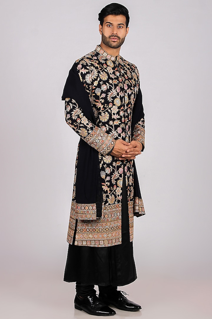 Midnight Black Velvet Turkish Satin Resham Embroidered Groom Sherwani Set by Dapper & Dare at Pernia's Pop Up Shop
