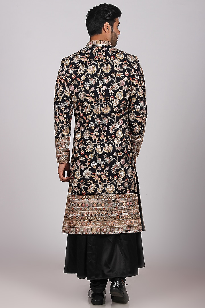 Midnight Black Velvet Turkish Satin Resham Embroidered Groom Sherwani Set by Dapper & Dare at Pernia's Pop Up Shop