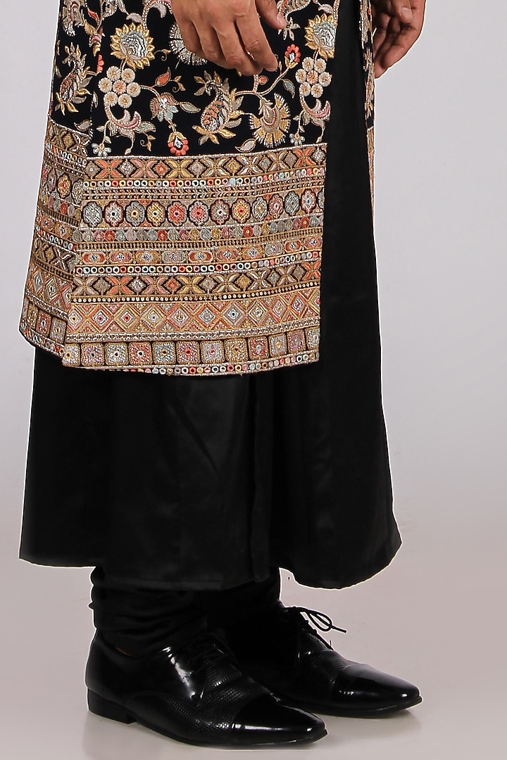 Midnight Black Velvet Turkish Satin Resham Embroidered Groom Sherwani Set by Dapper & Dare at Pernia's Pop Up Shop