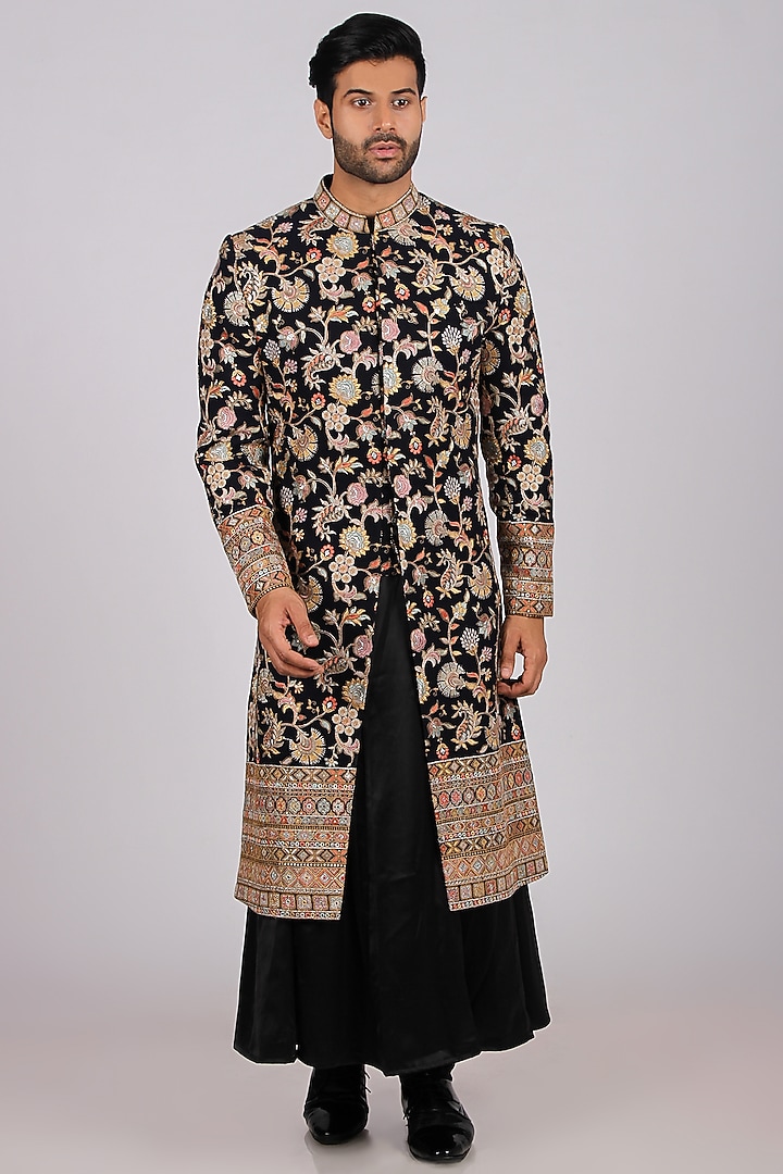 Midnight Black Velvet Turkish Satin Resham Embroidered Groom Sherwani Set by Dapper & Dare at Pernia's Pop Up Shop
