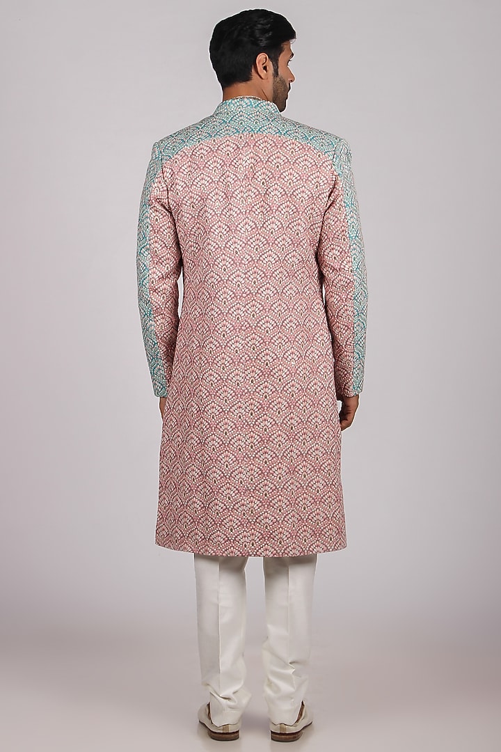 Rose Red & Coral Blue Jacquard Wedding Indowestern Set by Dapper & Dare at Pernia's Pop Up Shop